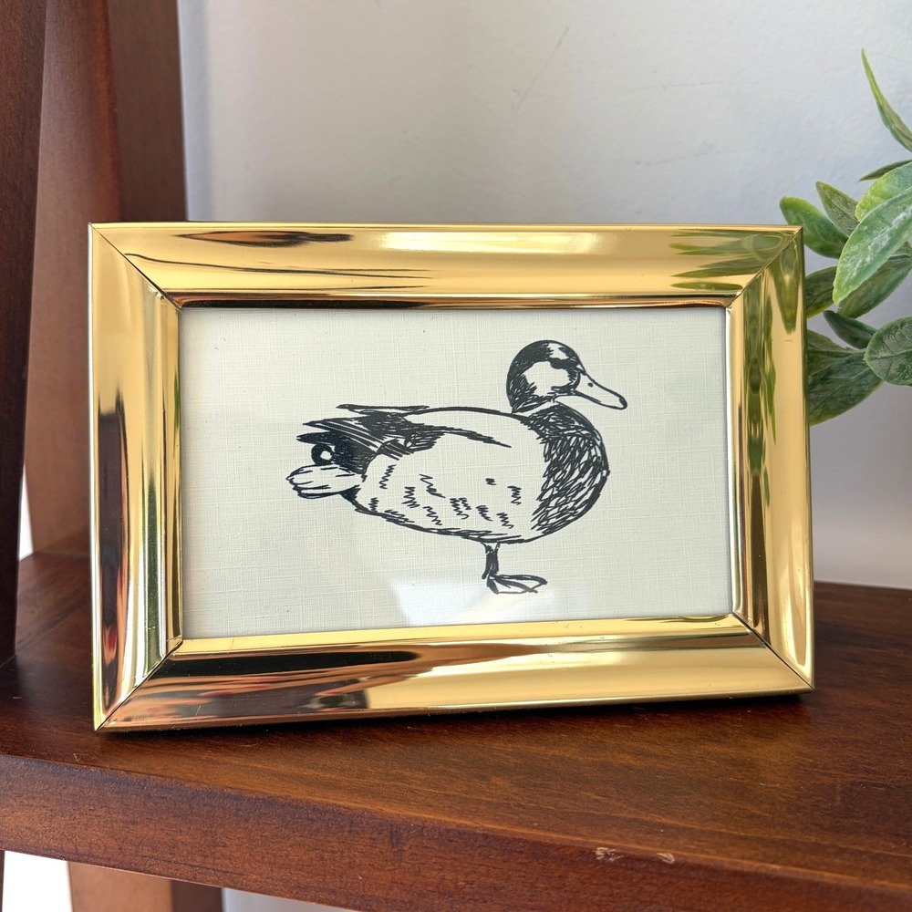 Vintage Mallard Duck Sketch Art Print in Polished Brass Frame Gold Tone 4.5x6.5